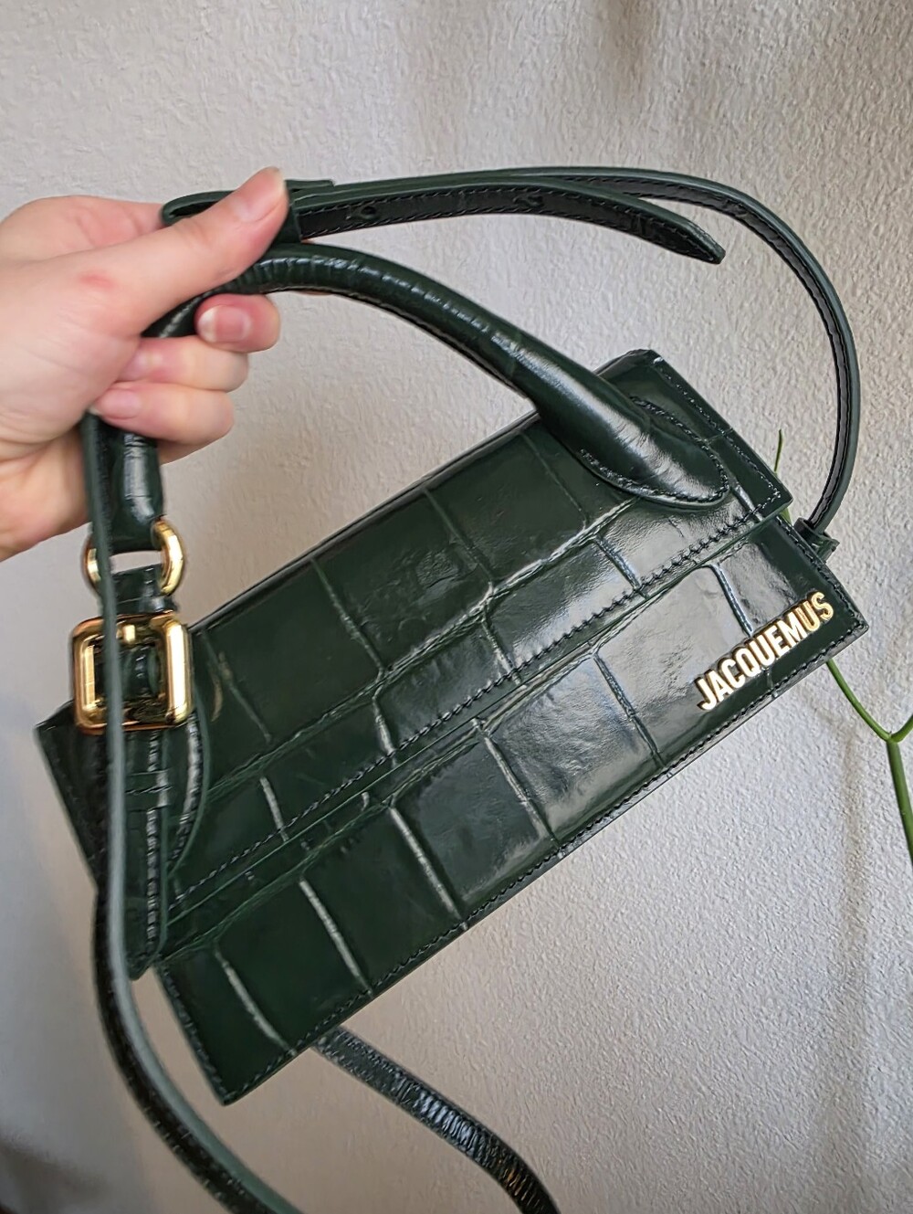 New W/tag. Rare Jacquemus Green Le Chiquito Long; Croc-Embossed, w/gold Hardware